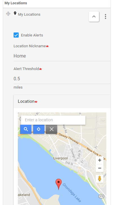 Example of selecting the alert location on a map.